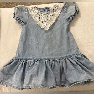 H&M Girls Light Blue Denim Dress with White Lace Collar